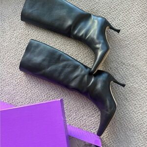 BY FAR Black Leather Knee-High Stiletto Boots Stevie